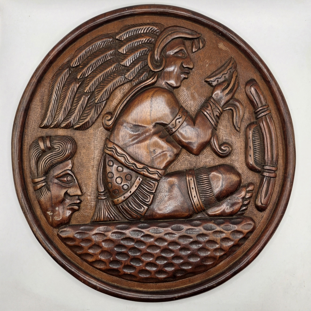 Vintage Wood Carved Mayan God Yum Kaax El Salvador Panel Folk Art Plaque 17in